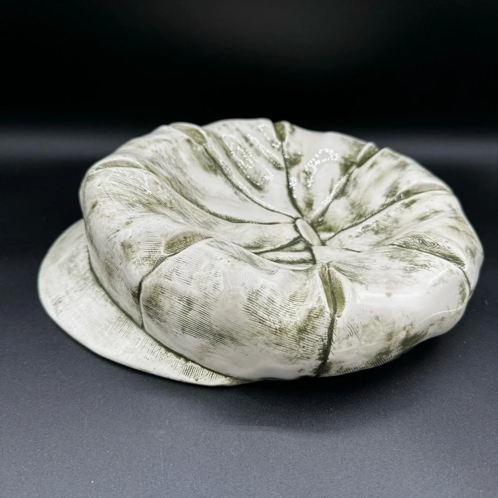 Ceramic Pageboy Newsie Cap for Decor or Trinkets in Green and White 10in